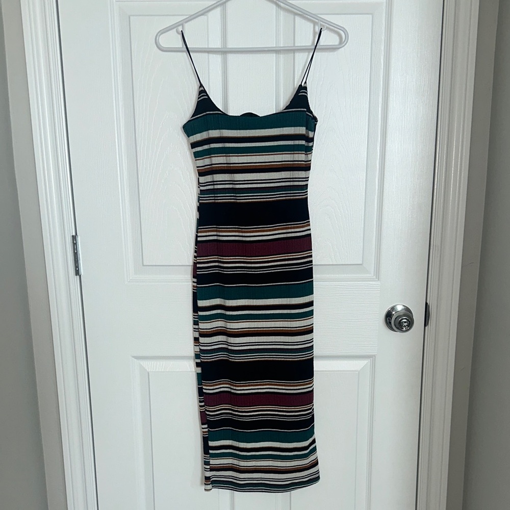 Elegant Striped Midi Dress in Black, Cream, and Green